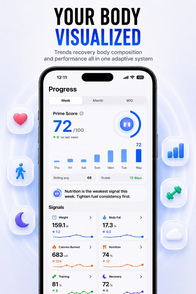 Your body visualized. Trends, recovery, body composition, and performance in one adaptive system. PRIMELIFE Progress tab showing Prime Score trends and signal cards for weight, body fat, calories, nutrition, training, and recovery.