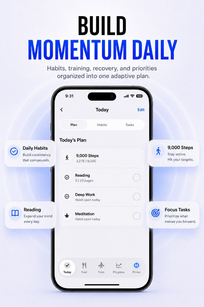 Build momentum daily. Habits, training, recovery, and priorities organized into one adaptive plan. PRIMELIFE Today's Plan with daily habits, steps, reading, deep work, and focus tasks.