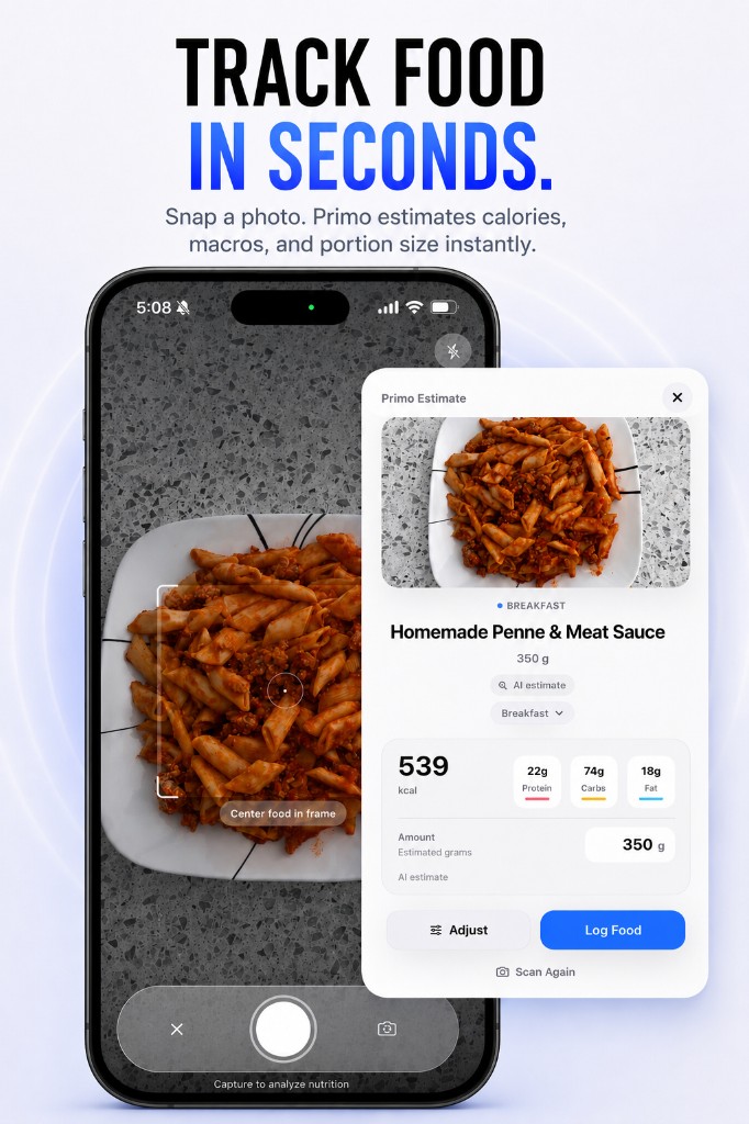 Track food in seconds. Snap a photo and Primo estimates calories, macros, and portion size instantly. PRIMELIFE food scan with a Primo Estimate card showing a homemade penne and meat sauce meal at 539 kilocalories.